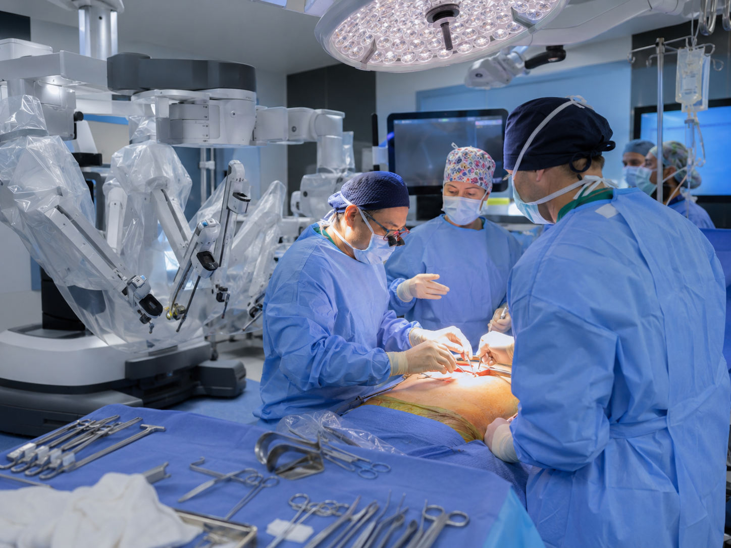 Équipe chirurgica in sala operatoria con piattaforma robotica durante intervento combinato