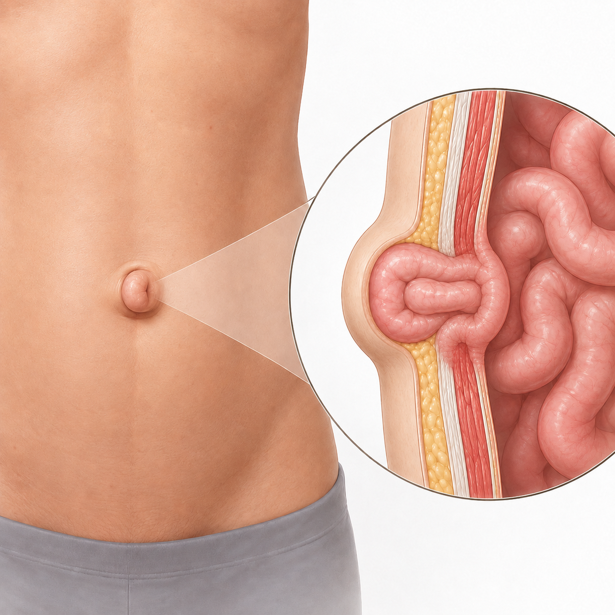 Sezione anatomica dell'ernia ombelicale: fuoriuscita del contenuto addominale attraverso il punto debole dell'ombelico