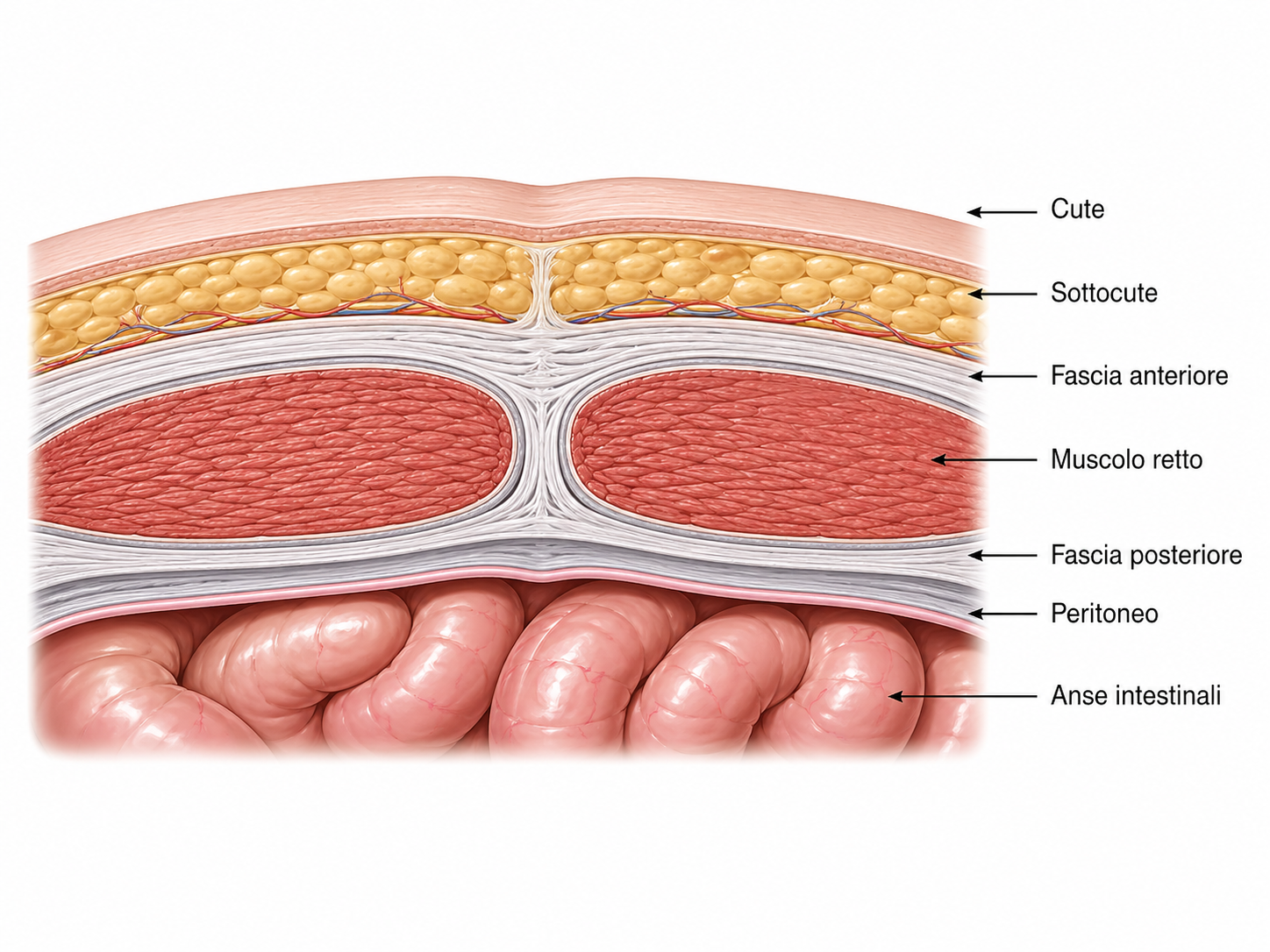 Parete addominale normale: cute, sottocute, fascia anteriore, muscoli retti, fascia posteriore, peritoneo