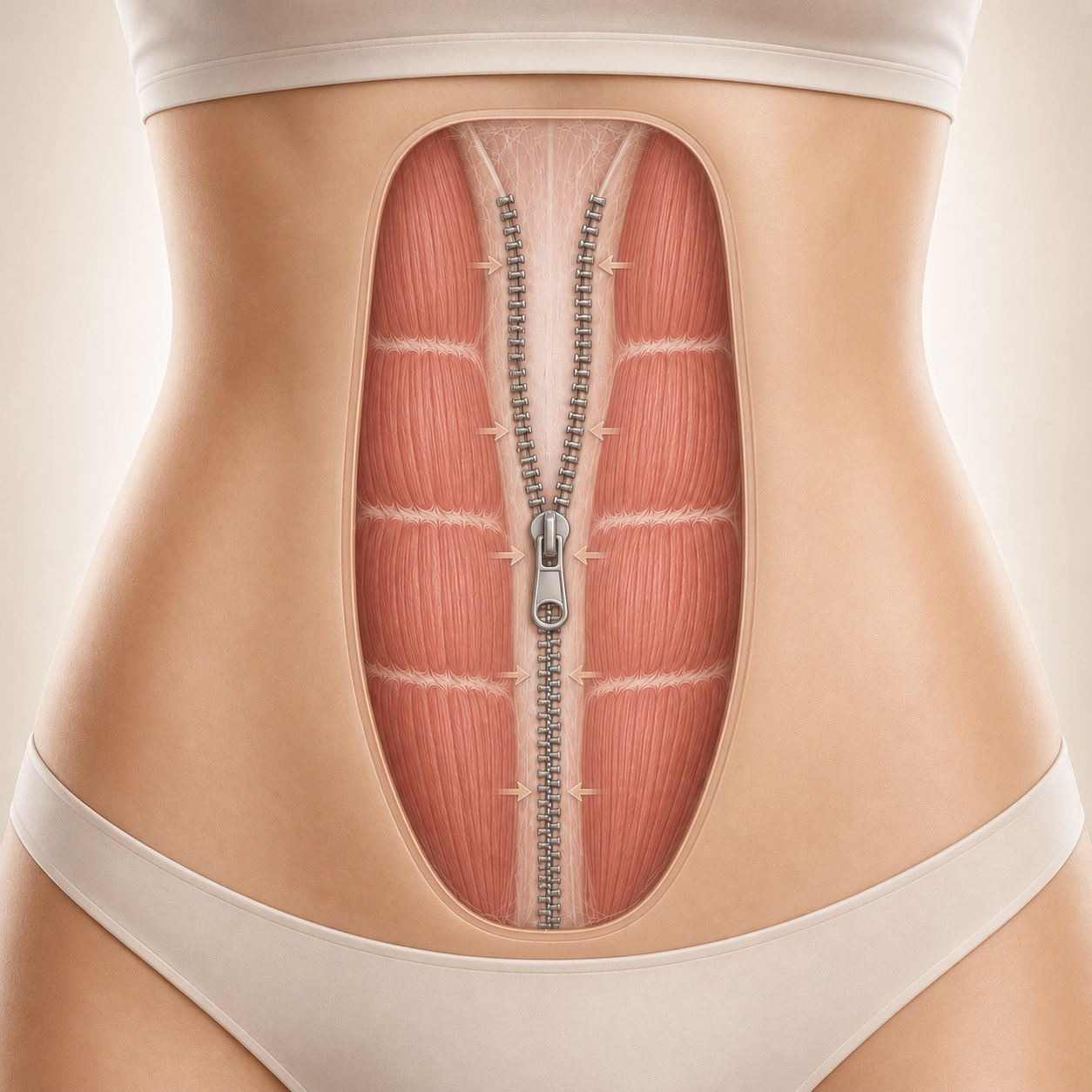 Schema della tecnica miSAR®: riavvicinamento dei muscoli retti lungo la linea mediana